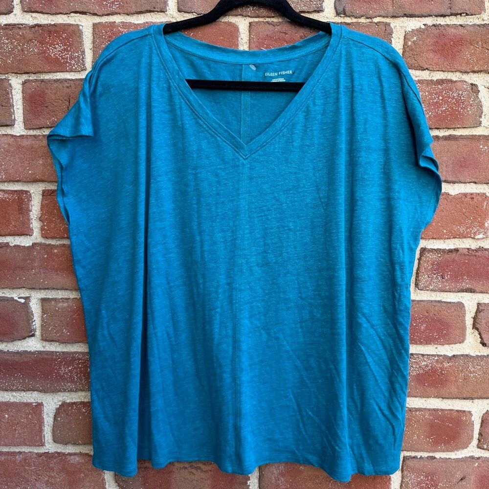 Eileen Fisher Women's V-Neck Cap Sleeve Organic Linen Boxy Tee Blue XL NWOT